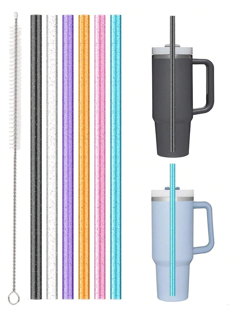 7pcs/6pcs/1pc/Set Replacement Glitter Straws For 40oz/30oz Cups, Material Reusable Straws With Cleaning Brush, Suitable For 30oz/40oz Cups, Cute & Modern Design, Great Gift For Family, Friends, Lover, Christmas, Valentine's Day - Multicolor - View 1