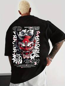 [Sporty T-Shirt][Demon Mask Tee] Men'S Graphic T-Shirt - Red Demon Mask & Japanese Calligraphy Print, Street Style Crew Neck, Medium Stretch Fabric, Short Sleeve Casual Tee For Summer, Casual Wear Tee |   Bold Print Tshirt |   Nonstretch MaterialRelaxed Plus Size T-Shirt - 黑色 - 查看 1