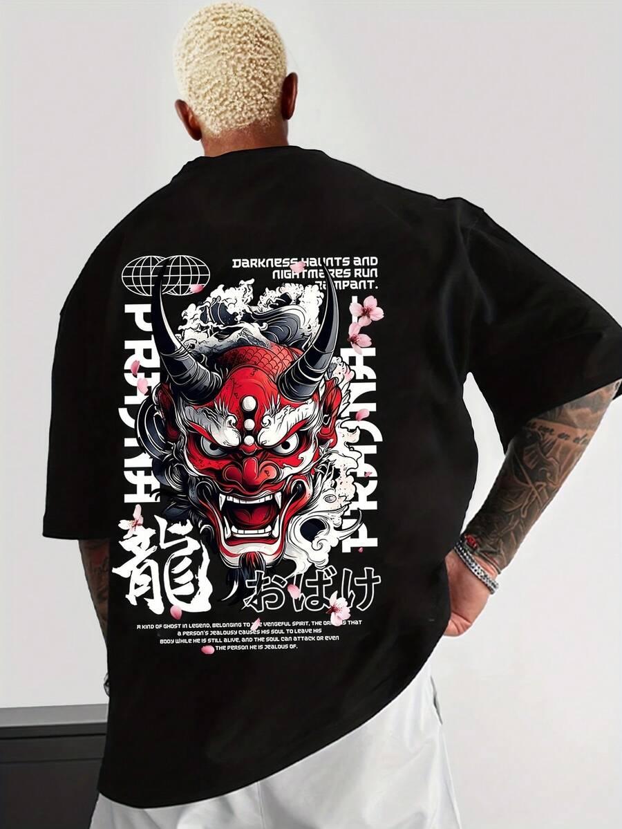 [Sporty T-Shirt][Demon Mask Tee] Men'S Graphic T-Shirt - Red Demon Mask & Japanese Calligraphy Print, Street Style Crew Neck, Medium Stretch Fabric, Short Sleeve Casual Tee For Summer, Casual Wear Tee |   Bold Print Tshirt |   Nonstretch MaterialRelaxed Plus Size T-Shirt - 黑色 - 查看 1