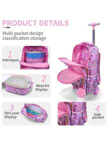 BLING BABIES 3 件套女童滚轮背包，可爱卡通猫咪亮片设计滚轮包，带午餐盒和笔袋，夜光功能，粉色 - 紅花粉貓 - 查看 5