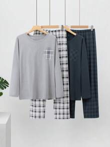4 piezas Conjunto de pijama de manga larga para hombre, traje de ropa de estar por casa con estampado a cuadros