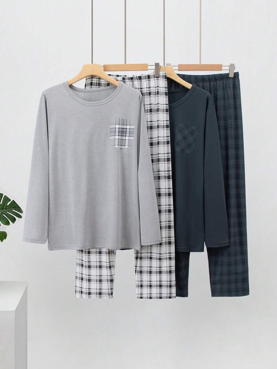 4 piezas Conjunto de pijama de manga larga para hombre, traje de ropa de estar por casa con estampado a cuadros