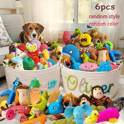 6个随机颜色和款式的发声狗狗玩具，适合小型和中型犬，各种可爱互动宠物幼犬毛绒磨牙玩具，带声音，多种设计适合正在长牙的幼犬
