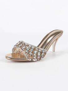 Spring/Summer Women's High Heels Clear Pointed Toe Sandals Comfortable Glitter Rhinestone Decoration Suitable For Parties And Gatherings Valentines - Champagne - View 12