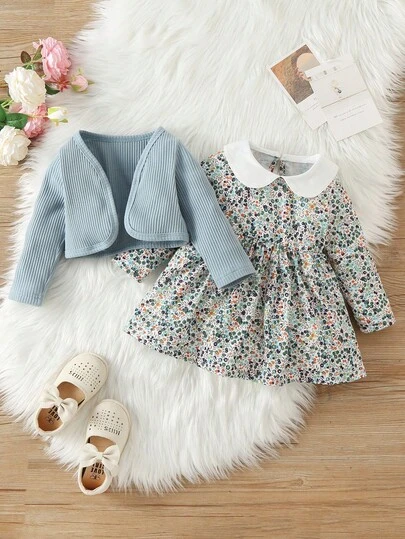 Toddler Girls' Ditsy Floral Dress With Light Blue Corduroy Jacket, Cute Peter Pan Collar, Sweet & Elegant With Childlike Charm, Suitable For Family Gatherings, Outdoor Picnics, Autumn/Winter