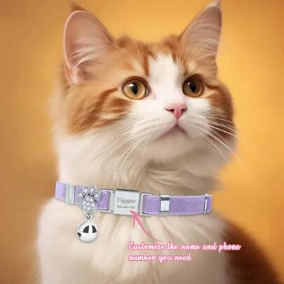 Collar de acero inoxidable con colgante de campana con diamantes en forma de pata de gato, collar elástico de pata de gato de color púrpura personalizable con campana de mascota, se puede personalizar con nombre y número de teléfono, el mejor regalo para amantes de los gatos