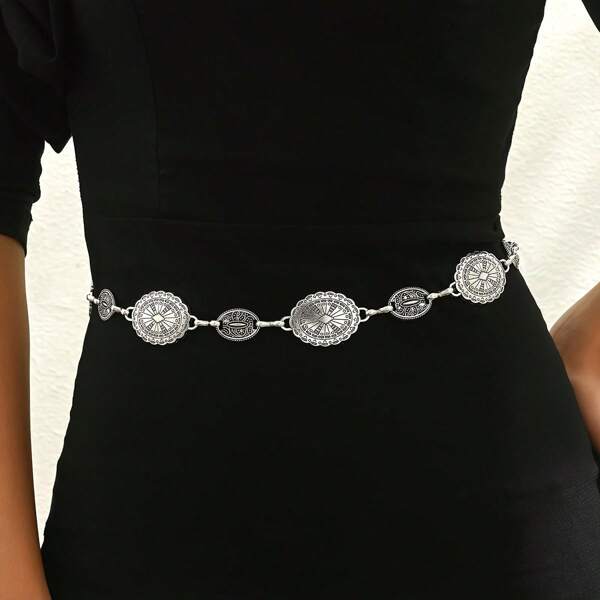 1pc Middle Eastern Retro Style Metal Carved Waist Chain, Suitable For Women, Retro Chic, Versatile Accessory For Suit Dress