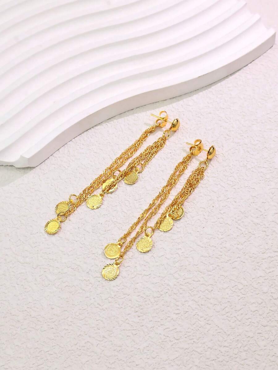 1 Pair Fashionable European & American Minimalist Geometric Hollow Tassel Earrings, Suitable For Daily Wear