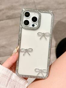 Bow-Knot 1pc Fashionable New Luxury Transparent Frame Rhinestone Bow Creative Shockproof Phone Case Cover Suitable For IPhone11/12/13/14/15/16/PRO Smartphones - Silver - View 3