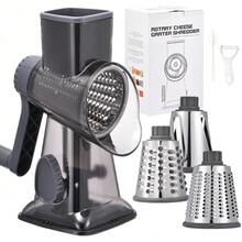 3-In-1 Rotary Food Processor - Manual Cheese Grater & Vegetable Slicer Set With Interchangeable Blades, Professional Grade For Kitchen/Restaurant, Effortless Shredding For Hard Cheese, Nuts, Chocolate Blocks - Dark Grey TSP - View 1