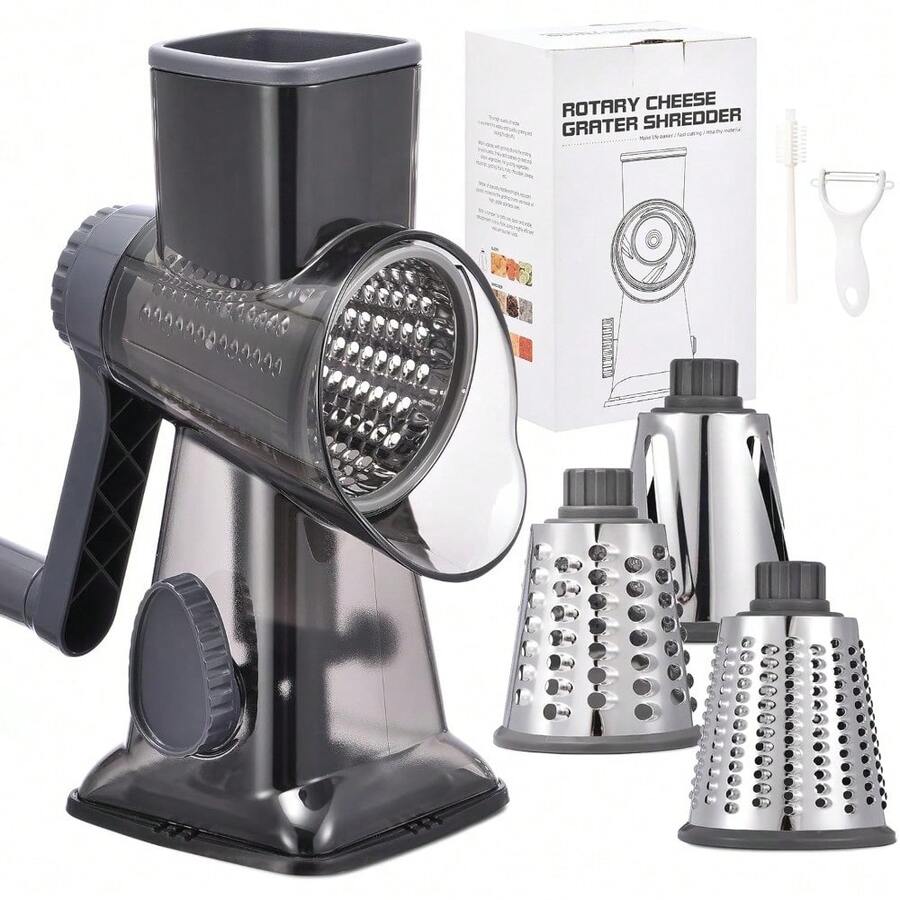 3-In-1 Rotary Food Processor - Manual Cheese Grater & Vegetable Slicer Set With Interchangeable Blades, Professional Grade For Kitchen/Restaurant, Effortless Shredding For Hard Cheese, Nuts, Chocolate Blocks - Dark Grey TSP - View 1