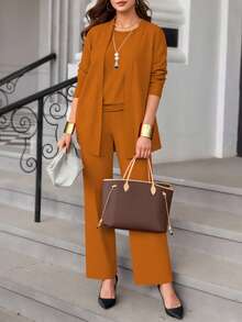 Bộ đồ nữ cỡ lớn 3 món màu trơn, phong cách thường ngày: Áo khoác/áo cardigan + Áo không tay cổ tròn + Quần ống đứng cạp chun, chất liệu mềm mại, co giãn, dáng rộng, thoải mái khi đi làm, thích hợp cho mùa xuân/thu/đông/hè. - trái cam - Xem 3