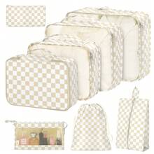 8 Set Travel Essentials, Suitcase Organizer Bags, Packing Cubes, Storage Bag, Travel Organizer Bags, Vacation Essentials, Travel Accessories, Cruise Essentials, Beach Essentials, Purse Essentials, School Supplies, Suitable For Organization And Storage - 卡其格子 - 查看 1