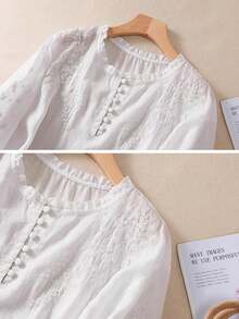 Women's Casual Shirt Embroidered Loose Boho Vintage Mid-Sleeve Blouse Solid Color Summer/Autumn