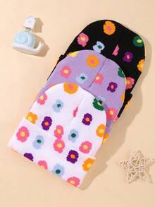 3pcs Knitted Hat With Floral Pattern For Boys And Girls; Suitable For Daily Casual Wear In Spring, Autumn And Winter To Keep Warm. - Multicolor - View 3