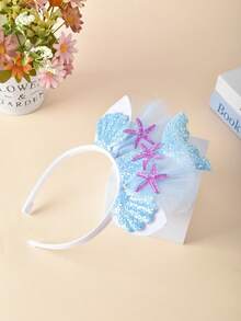 1pc Mermaid Themed Headband With Tulle, Starfish & Shell Decor, Suitable For Party Costume - Blue - View 4