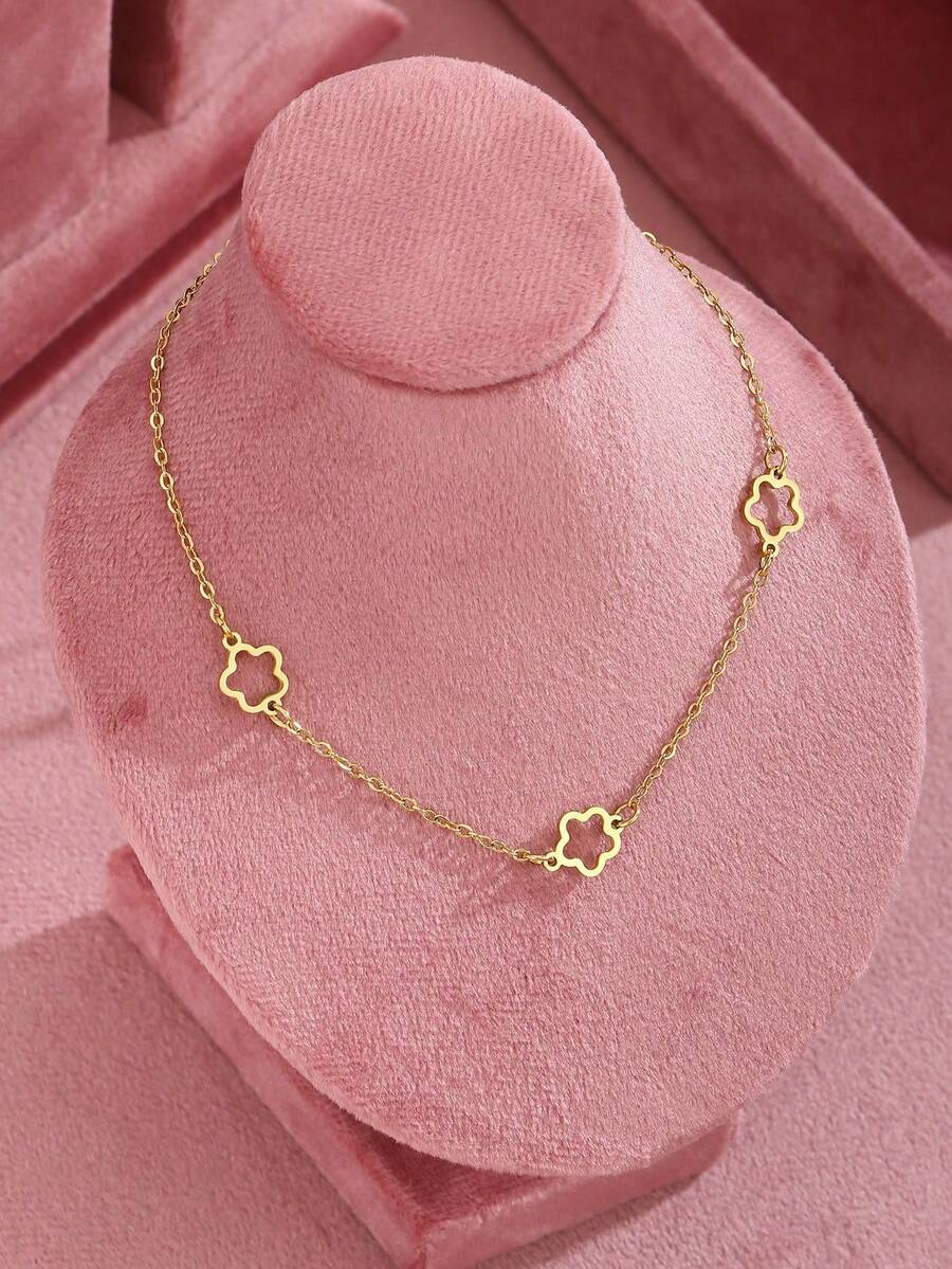 1pc Classic Fashion Simple Five-Leaf Flower Girls Clavicle Chain Necklace Stainless Steel Jewelry For Teen Summer Beach Vacation Holiday Jewelry For Daily Life ﻿