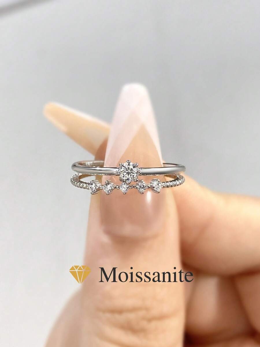 两枚0.07克拉莫桑石钻石戒指，S925纯银订婚/结婚戒指，适合送给未婚妻、妻子、女友作为生日/周年纪念礼物，精致新娘珠宝 - 銀色 - 查看 1