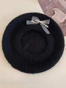 1pc Women's Bow Beret Hat, Casual Warm Knitted Fuzzy Painter Beret Cap, Large Circumference, Versatile, Suitable For Outdoor, Dating, Gathering, Daily Use, Autumn/Winter Autumn Accessories
