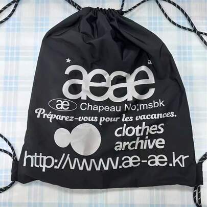 aea ブラックナイロン生地の巾着型ジムバッグ バックパック チュートリアル スクールバッグ。