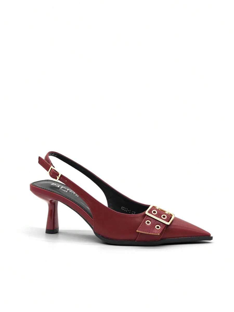 RevReaL Pointed Toe Slingback Heels With Double Buckle Detail - Minimalist Chic Pumps - Burgundy - View 1