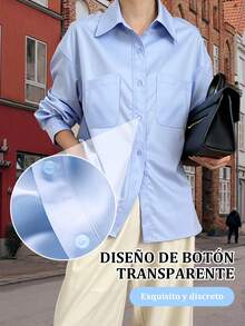 Camisa informal de manga larga ajustada para mujer, diseño de cuello alto, con bolsillos laterales dobles, adecuada para oficina, ocio y uso diario - Azul - Ver 4