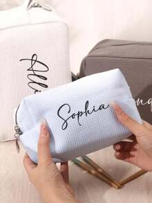 Customized Embroidered Makeup Organizer Pouch, Monogram Waffle Makeup Bag - Monogram Graduation Gift - Bridesmaid Gift, Classic Makeup Bag Perfect For Dorm Life, Customized Embroidered Mesh Makeup Pouch/Toiletry Bag, Essential For Travel & Business, Fashionable Solid Color, Multiple Colors Available, Customized Embroidered Text Or Logo For Corporate Gifts & Team Building