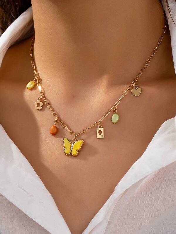 Zomervakantie multi-hanger ketting, vlinder- en oceaanthema bedel ketting, strandsieraden