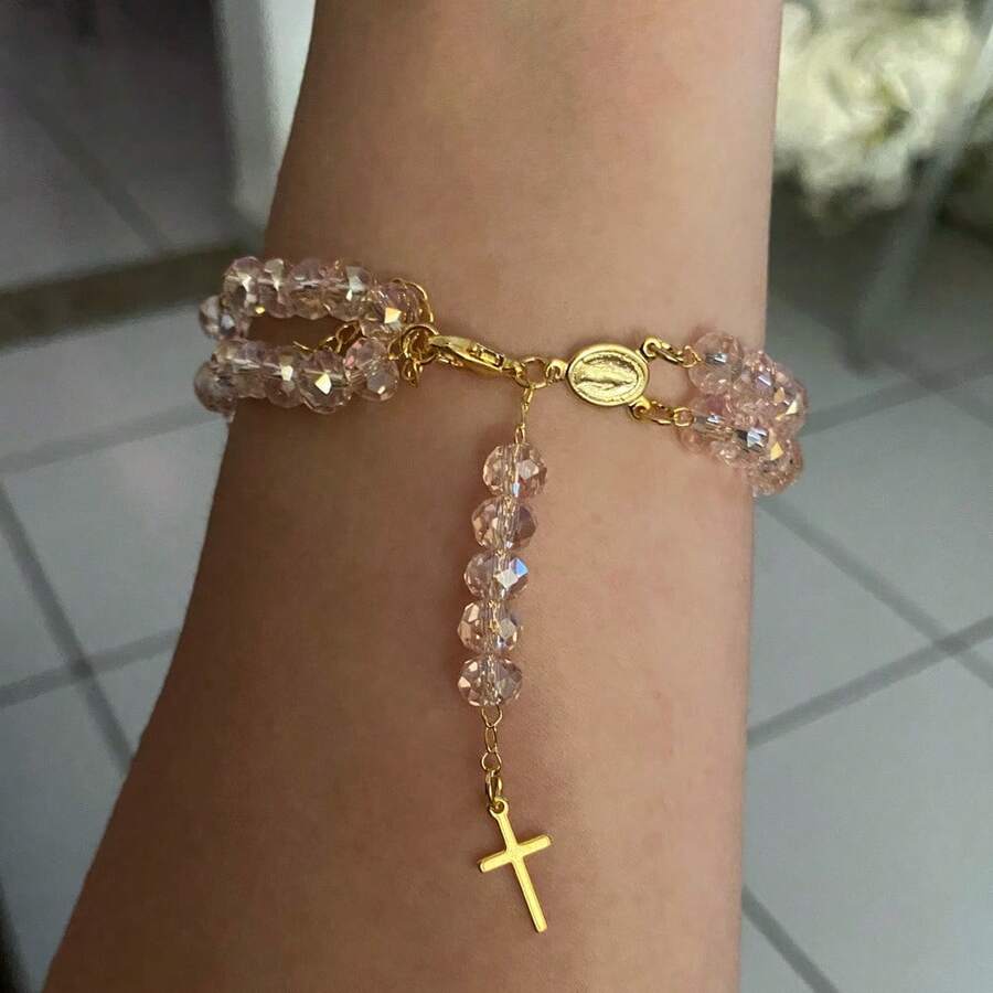 Double Plated Rosary Bracelet - Baby Pink - View 1