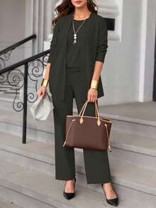 Bộ đồ nữ cỡ lớn 3 món màu trơn, kiểu dáng thường ngày: Áo khoác/áo cardigan + Áo không tay cổ tròn + Quần ống đứng cạp chun, chất liệu mềm mại, co giãn, dáng rộng, thoải mái khi đi làm, thích hợp cho mùa xuân/thu/đông và mùa hè thanh lịch. - Xám Xanh Lá Cây - Xem 3