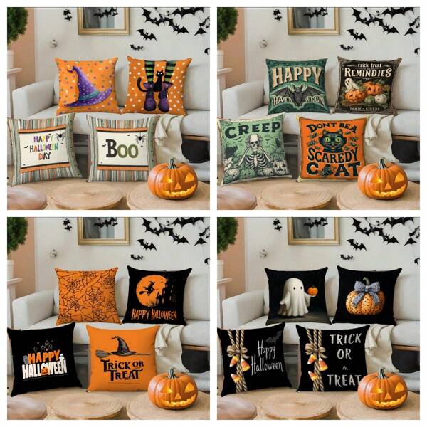 4/96 capas de almofadas decorativas de Halloween, estilo vintage, fronhas de poliéster com zíper, laváveis à máquina, para sala de estar, com estampas de aranha, abóbora, bruxa e morcego, doces ou travessuras e motivos de Halloween