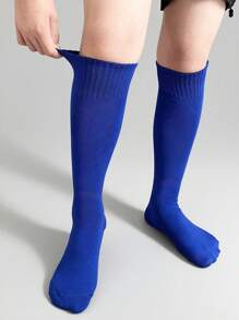 1 Pair High Elastic Breathable Football Socks, Solid Color Mid-Calf Sports Socks For Teenagers & Kids - Blue - View 1