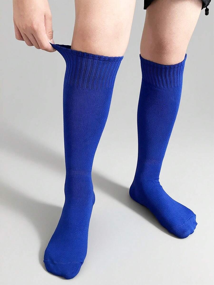1 Pair High Elastic Breathable Football Socks, Solid Color Mid-Calf Sports Socks For Teenagers & Kids - Blue - View 1