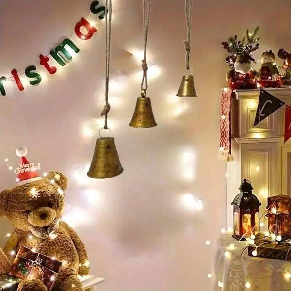 3 piezas Campanas de metal vintage dorado en tamaños pequeño/mediano/grande - Perfectas para decoraciones de árbol de Navidad y Acción de Gracias, decoración colgante de pared, cerca, entrada - Decoración del hogar y jardín, estilo retro, Acción de Gracias, Pascua, Navidad, ocasiones
