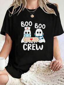 Boo Boo Crew Nurse Nursing Halloween Cute Ghost T-Shirt -Summer Streets, Personalized Printed Patterns, Round Neck T-Shirts, Women's Tops, Cotton Short Sleeves, Shirts - Black - View 1
