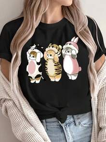 Camiseta de Manga Corta para Mujeres 100% Algodón, Ajuste Holgado, 200g, 1 Pieza, Estampado de Gato de Dibujos Animados, Top Casual para Mujeres, Cómoda para Todas las Estaciones, Adecuada para Verano y Primavera, Ajuste Holgado, Cuello Redondo, Sencilla, Ropa Casual - Negro - Ver 1