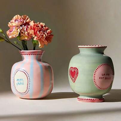 1 pieza Jarrón de cerámica asimétrico pintado a mano, jarrón con patrón de corazones rosa y verde, accesorio de decoración del hogar, decoración de habitación, jarrón de vidrio