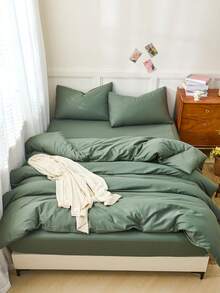Bộ 2/3 món ga trải giường và vỏ gối màu trắng trơn hai mặt (1 ga trải giường và 1/2 vỏ gối), chất liệu thoáng khí, phù hợp cho mọi mùa, thiết kế hai màu, thích hợp cho phòng ngủ, phòng khách, đám cưới, ngày Valentine, ký túc xá, trường học và các dịp khác. - màu xanh lá - Xem 4