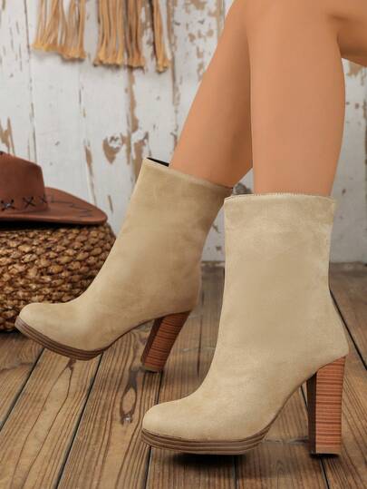 European & American Style Beige High Heel Shoes, Women's Shoes, Fashionable Short Sleeve Autumn/Winter, Ankle Boots & Booties, Sock Boots, Fall, Winter, Autumn, High Heel Ankle Boots, Slip-On High Heel Shoes, Waterproof Platform Women's Fashion Boots, High Heels