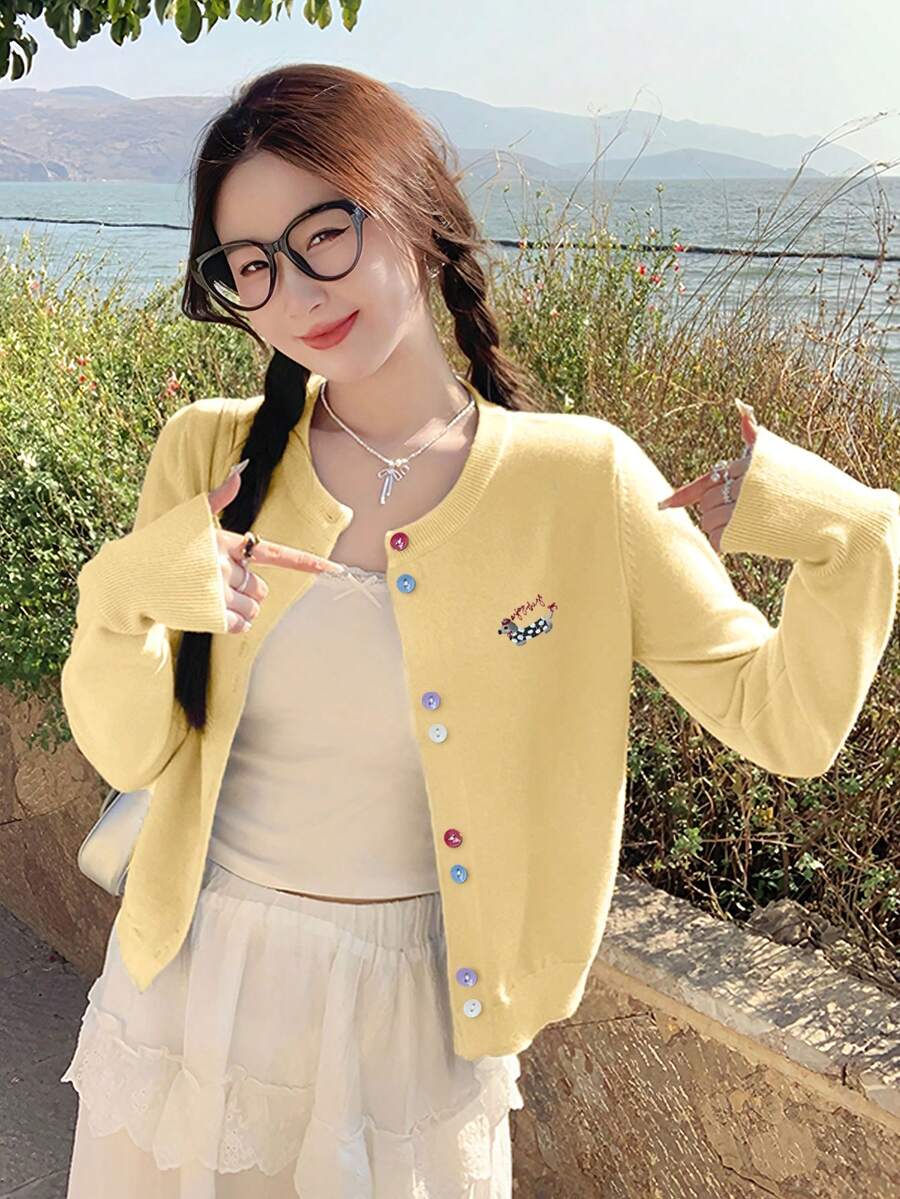 时尚纯黄色针织开衫女装，秋冬新款外套，彩色纽扣装饰，狗狗刺绣，宽松显瘦款式，适合外出、日常通勤、上学 - 黃色 - 查看 1