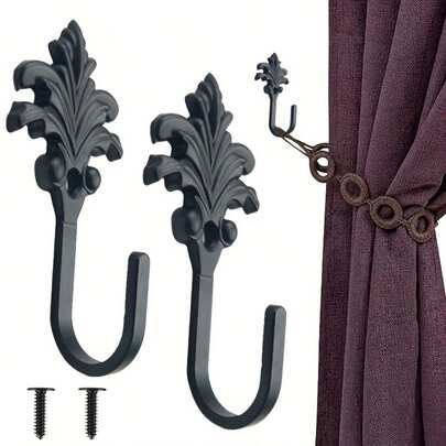 2/4pieces Of Black Retro Style Leaf Metal Hooks, Curtain Hooks, Curtain Wall Hooks, Shower Curtain Hooks, Coat Hooks, Home Decoration Hooks, Christmas Wreath Hooks, Tough And Durable, Heavy-Duty Storage Hooks