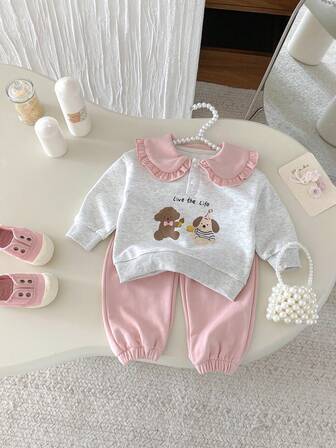 2pcs/Set Baby Girls Cute Bear & Dog Print Ruffle Collar Sweatshirt + Pink Drawstring Pants Casual Loose Outfit, Spring/Autumn