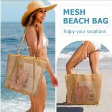 Geantă de plajă ușoară și respirabilă, cu o capacitate mare de peste 11 kg - Geantă de plajă din plasă, design cu buzunare multiple, pliabilă, rezistentă la decolorare, cu curea de agățare, potrivită pentru piscină, călătorii, cumpărături, stil casual, esențială pentru vacanța de vară