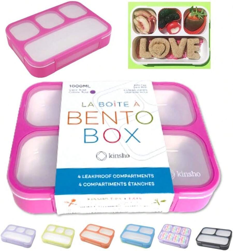 Lonchera Bento para Niños y Adultos.Recipientes para Comida y Snacks para Niños y Niñas para la Escuela, Trabajo y Viajes, 4 Compartimentos Sellados y Divididos, Libres de BPA, con Utensilios (Rosa Rosa, 1 Paquete) - Rosa rosa - Ver 1