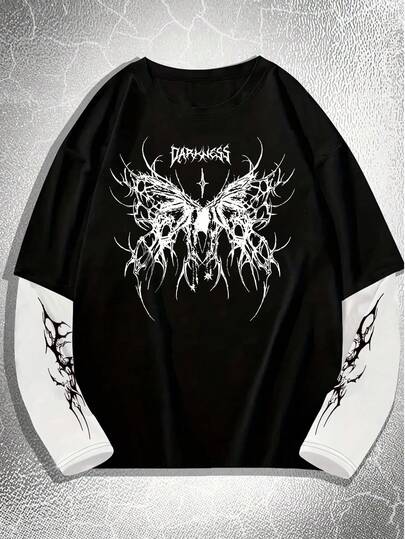 Men's Long Sleeve Crew Neck Style, Breathable And Versatile, Loose Casual Undershirt, Korean Minimalist, Creative Classic Pattern, Loose Fit Crew Neck T-Shirt, Casual Top For Autumn