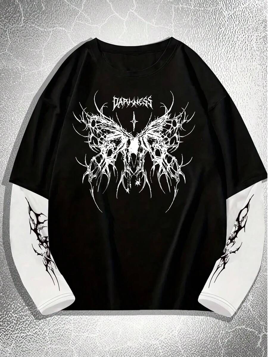 YUNCHIC 男士长袖圆领T恤，透气百搭，宽松休闲打底衫，韩式简约风，创意经典图案，宽松版型圆领T恤，秋季休闲上衣 - 黑色 - 查看 1