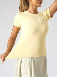 女式基本款修身短袖 T 恤、瑜伽上衣、紧身健身跑步瑜伽 T 恤 - 黃色 - 查看 6