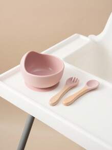 3件套个性化定制名字和图案婴儿硅胶吸盘碗木柄叉勺定制餐具套装适用于婴幼儿餐具