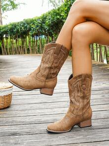 Fall/Winter Women's 2025 Spring/Autumn New Outdoor Fashion Embroidery Patchwork Slip-On Ankle Boots Western Ankle Boots, Boots For Women, Cowboy Boots - Brown - View 1