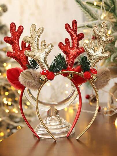 1 件节日驯鹿角头带，配有红色和金色闪光耳朵、绒球和铃铛 - 涤纶节日发饰，适合普通发质，非常适合圣诞派对和摄影道具、圣诞配饰